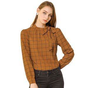 Women's Bow-Tie Neck Blouse Checks Shirt Tops Brown
